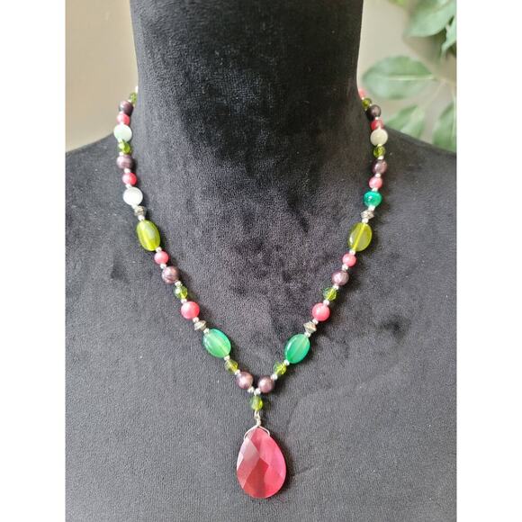 Women's Beaded Statement Necklace Multicolor Drop Pendant Lobster Clasp Bold - Picture 1 of 7